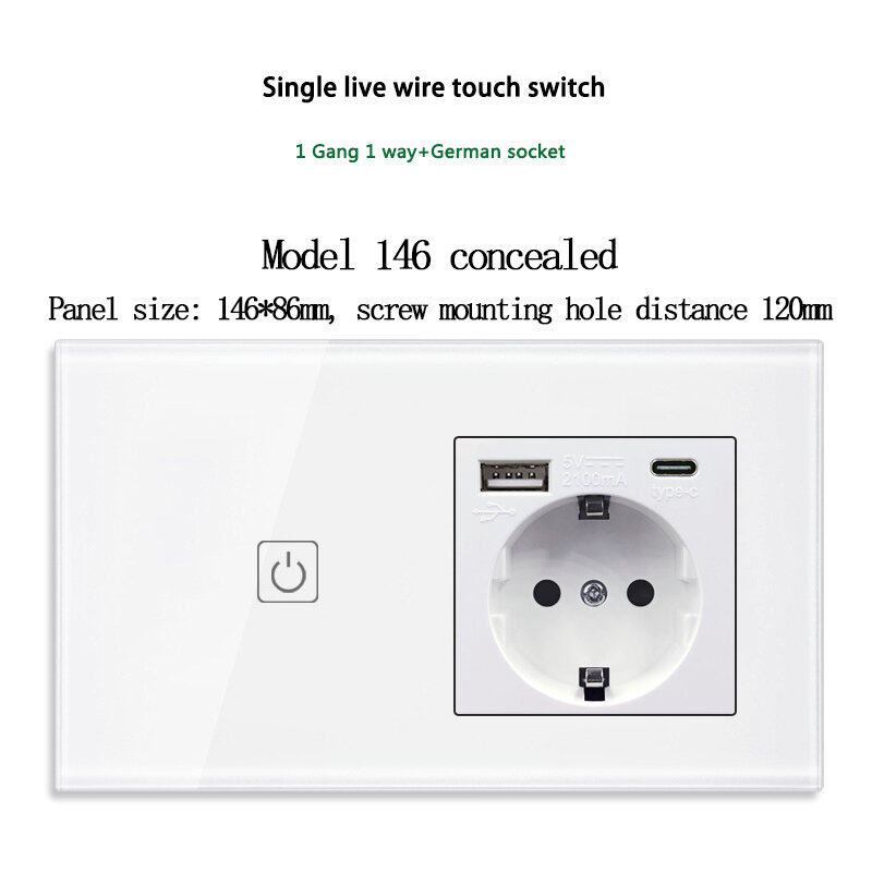 Type 146 Touch 1/2/3 Gang Switch + German Standard Italian Dual USB And Type-C Socket Panel Power Supply Euro Gauge With Switch