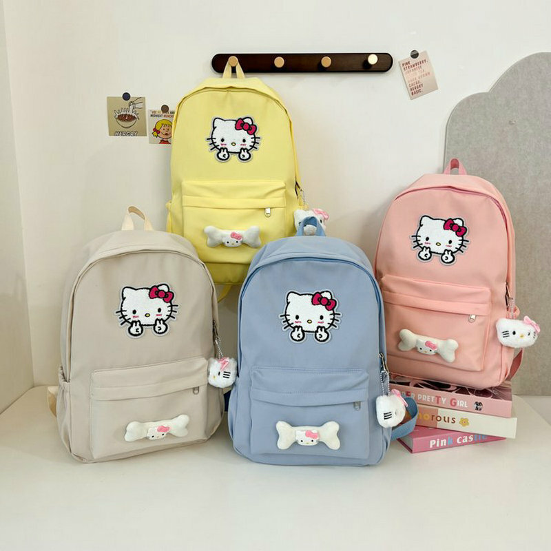 Mochila Hello Kitty feminina, doce e bonito arco, bolsa de escola fofa dos desenhos animados, grande capacidade, mochila elegante de aparência alta, nova