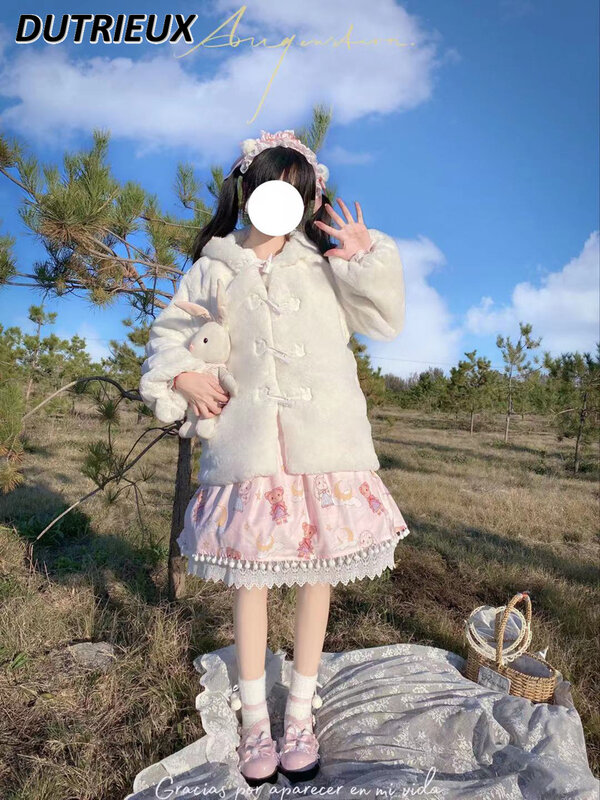 Abrigo corto de piel con Orejas de conejo para niña, ropa de Lolita japonesa, Chaqueta de felpa blanca cálida, prendas de vestir exteriores