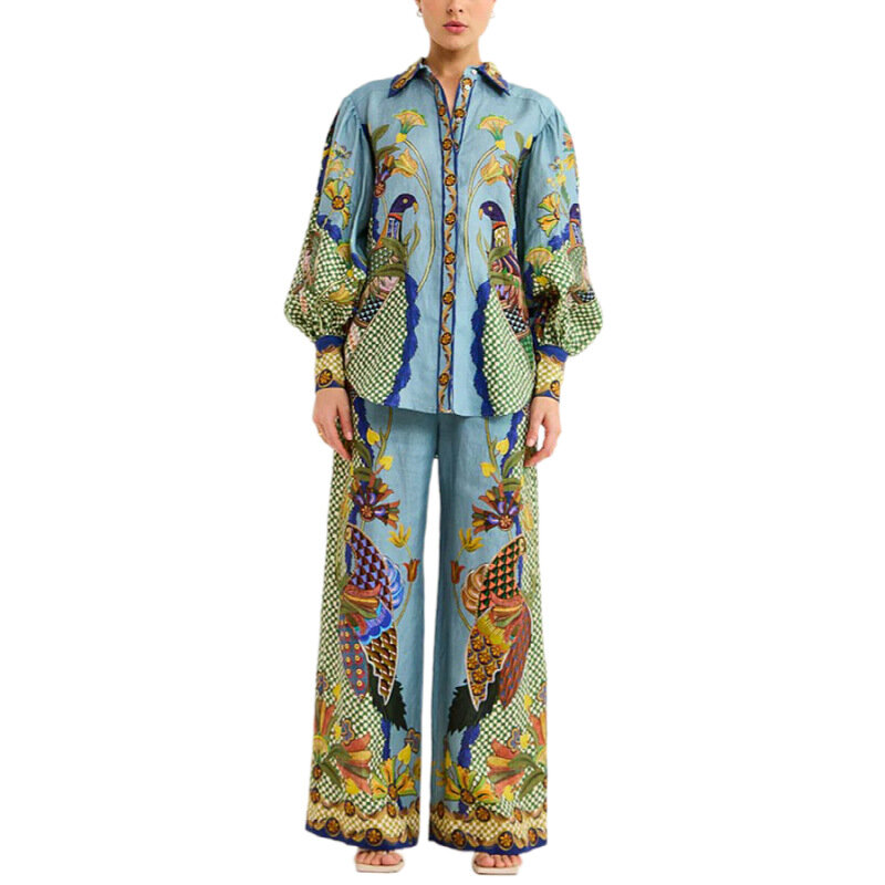 Traje informal de dos piezas para mujer, camisa y pantalones de pierna ancha, a la moda, con estampado de manga de burbuja, novedad para vacaciones
