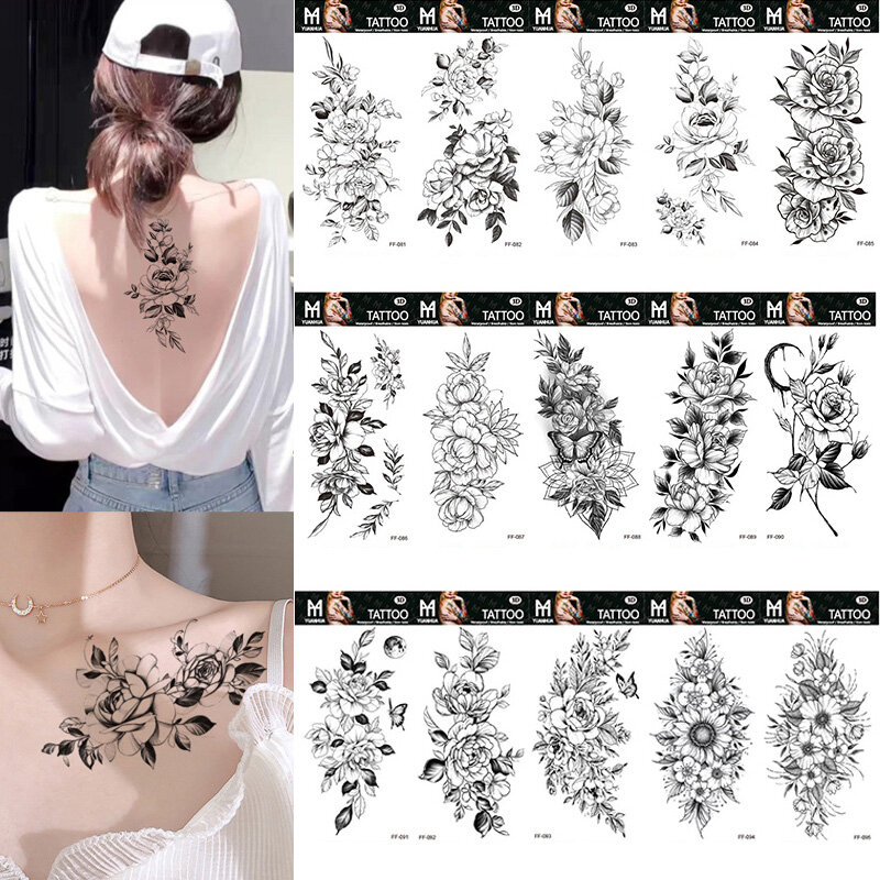여성용 블랙 대형 뱀 꽃 가짜 문신 스티커, 도트 로즈 모란 임시 문신, DIY 물 전송 문신, 소녀