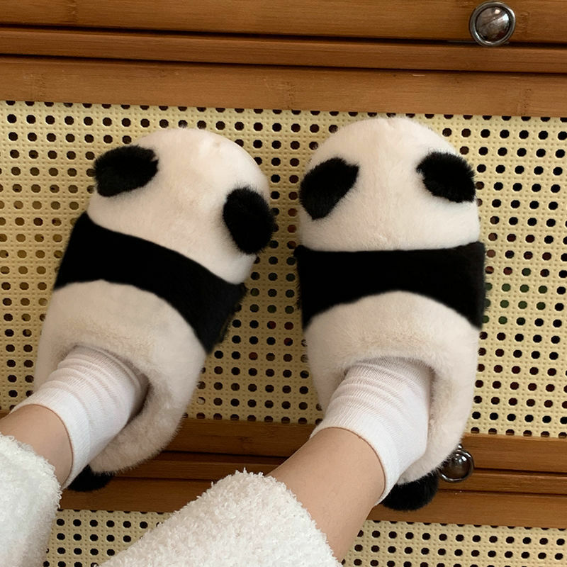 Zapatillas de algodón antideslizantes para uso en el hogar, zapatos de felpa para uso en exteriores, Panda, Otoño e Invierno