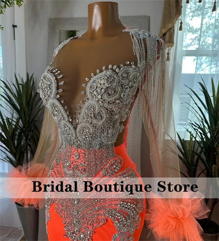 Sparkly Diamonds Mermaid Prom Dress 2024 Glitter Bead Crystal Rhinestones Ruffle Wedding Birthday Party Gown Long Sleeves