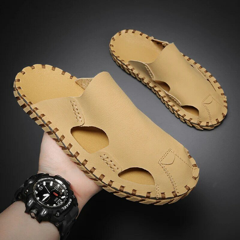 Fashion Men's Sandals Woven Mesh Flip Flops Men Slippers Home Sandals Leather Print Men Summer Shoes Sandalias Platform Sandals