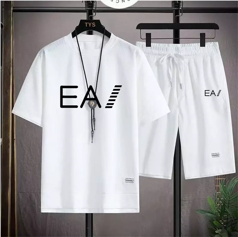 Men's new summer breathable waffle set, crew-neck short-sleeved + shorts 2-piece set printed with letters EA1