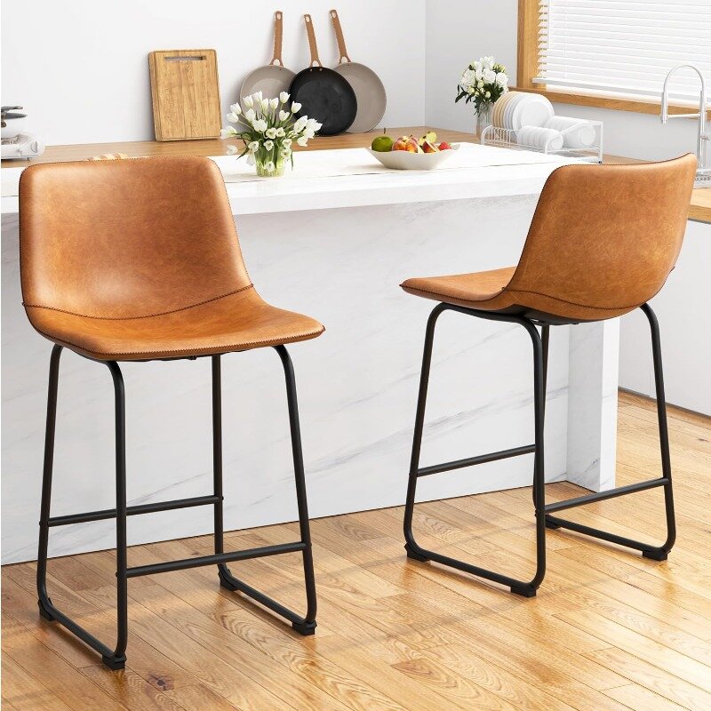 Bar Stools Set of 4, PU Leather Counter Height Bar Stools, 26" Modern Bar Stools with Metal Legs and Footrest, Urban Armless
