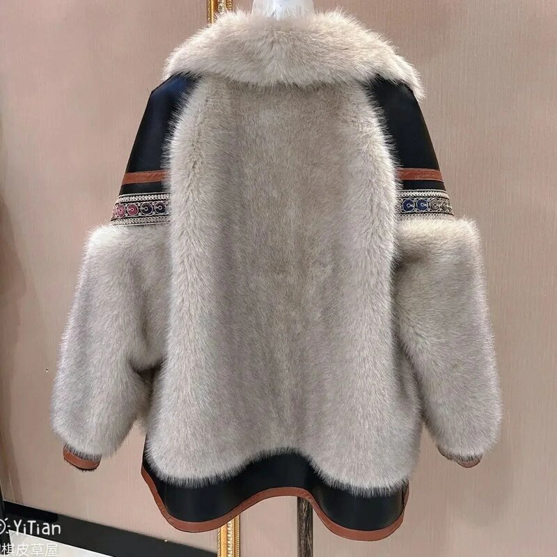 Autumn Winter Leather Jacket Women Faux Fur Coat Long Sleeve Vintage Streetwear Luxury Brand Thickened Jackets Buttons New