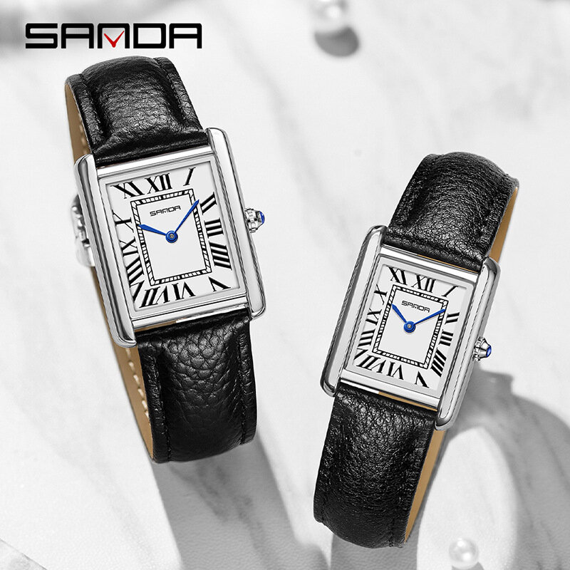 Sanda-Mini montre à quartz en cuir pour hommes et femmes, étanche, décontracté, luxe, design à cadran carré, couple, mode, 1108