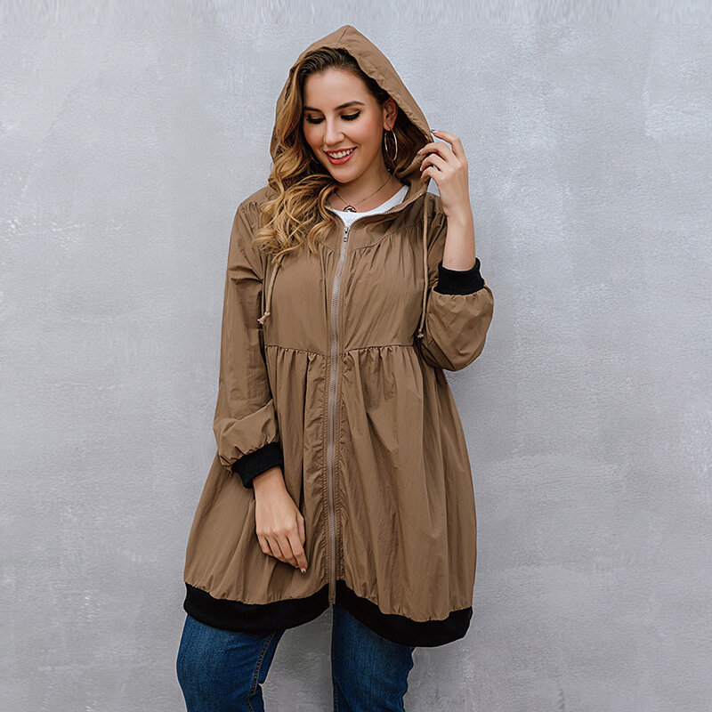 Women Plus Size Windbreaker Thin New Fashion Casual Loose Solid Color Cardigan Hooded Jacket 2023 Autumn Long-sleeved Jackets