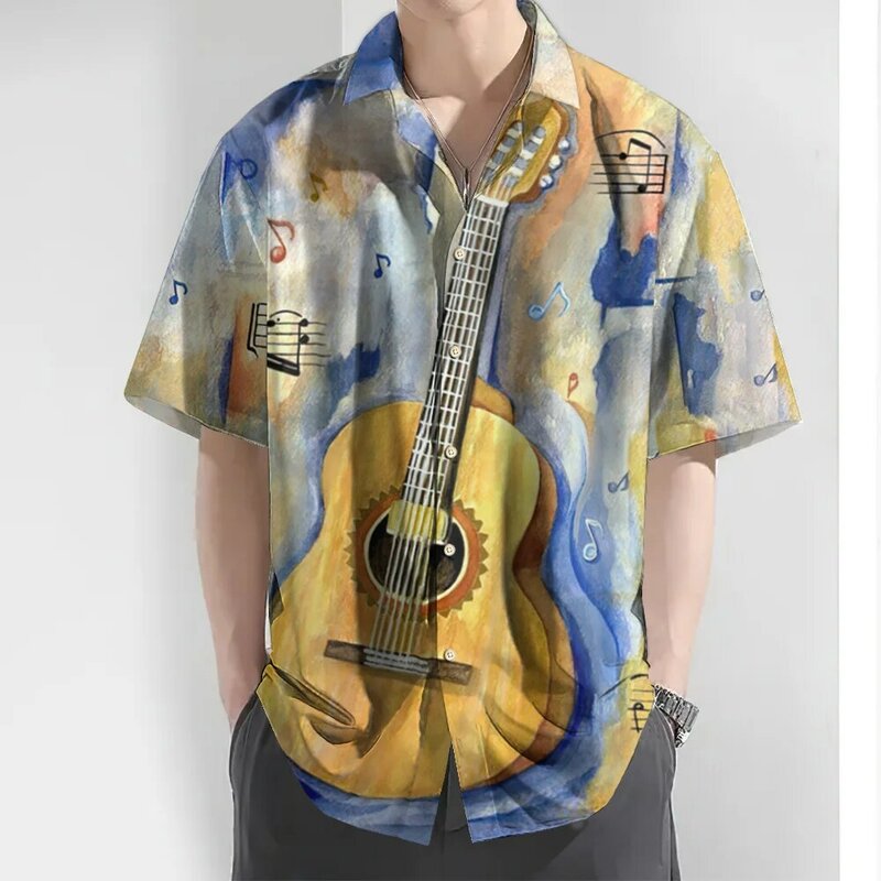 Summer Shirt New 3d Printed Music Pattern Casual Men's Shirt Large Size Loose Lapel Buttoned Fashion Performance Clothing