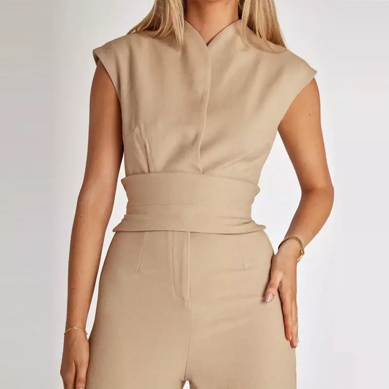 Spring Plain Elegant All-Match Jumpsuit Sexy V Neck Belted Business Casual Women Outfits Summer Sleeveless Wide Leg Pants Romper
