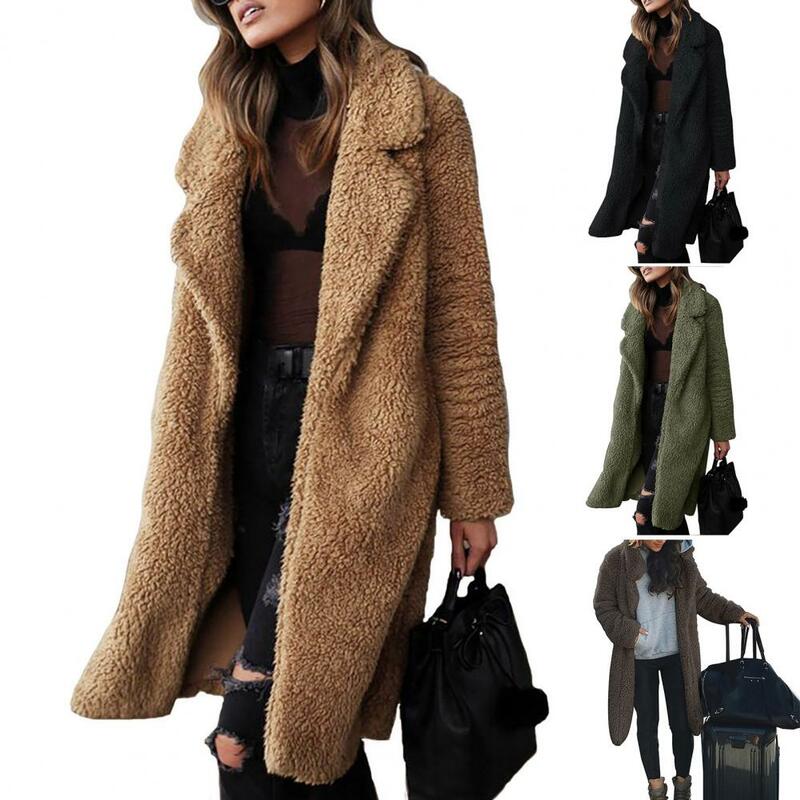 Abrigo de felpa de manga larga con solapa gruesa para mujer, abrigo de lana de Color sólido, ropa de abrigo informal de longitud media, ropa de otoño e invierno