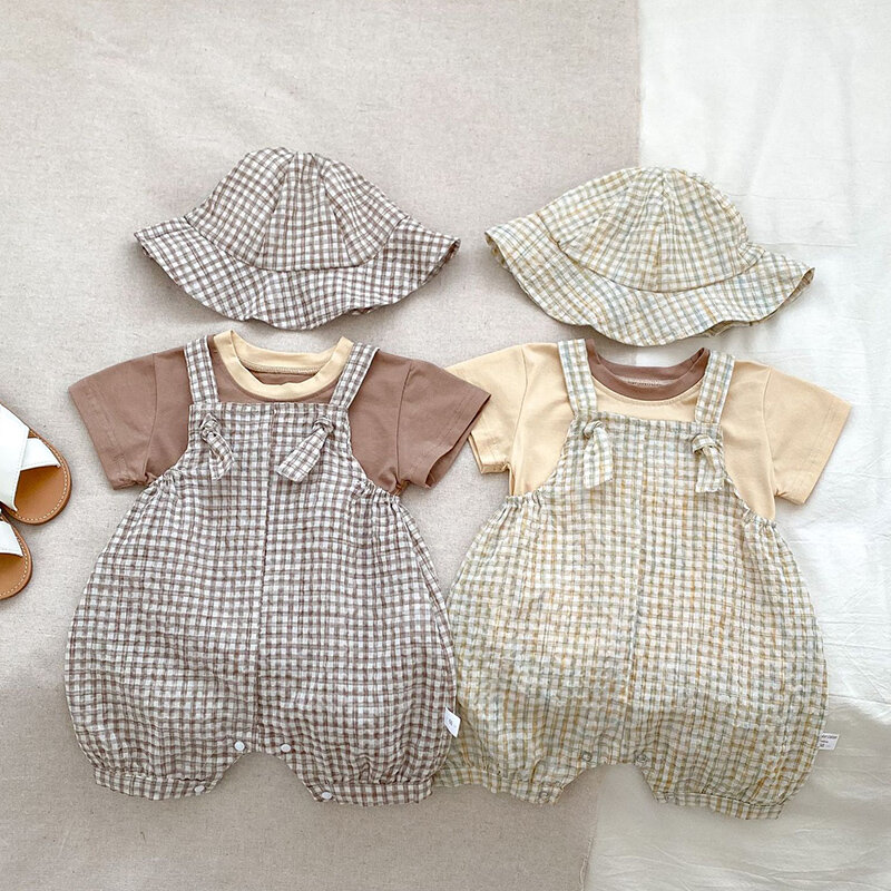 2024 New Summer Infant Baby Boys Clothing Set Short Sleeved Cotton T-shirt+Sleeveless Lattice Jumpsuit+Hat Children Clothes Suit