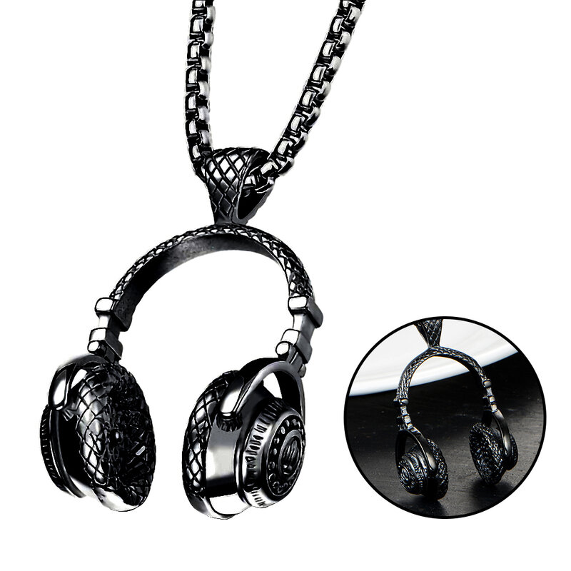 DJ Music Headphone Pendant Necklace Long Neck Chain Men Women Hip Hop Rock Jewelry Gift, Black