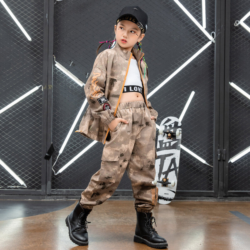 Crianças hip hop camuflagem terno para meninos hip-hop roupas na moda para meninas jazz dança desempenho roupas crianças passarela moda