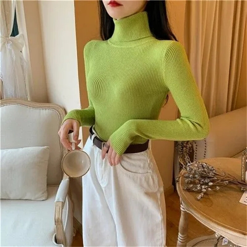 Turtleneck Women Sweater Long Sleeve Female Basic Knitted Jumper High Elastic Sweater Simple Solid Color Bottoming Shirt Tops