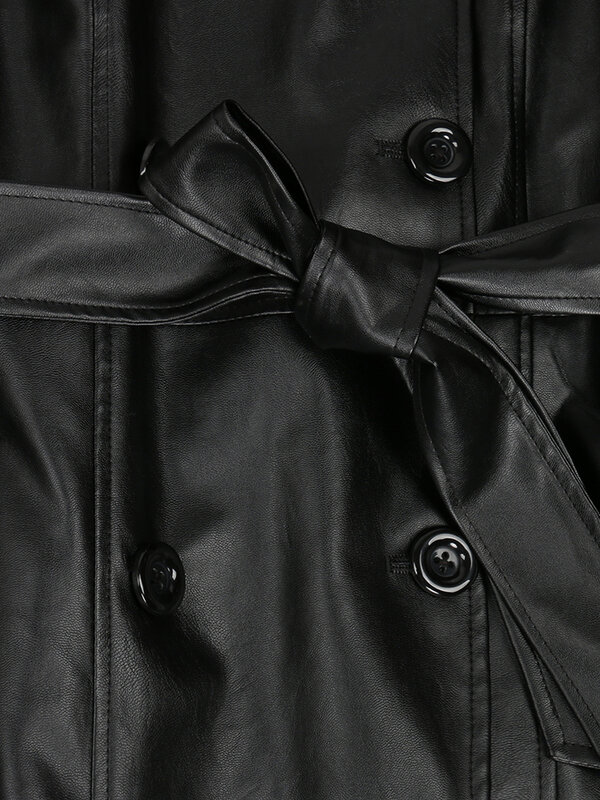 Nerazzurri ฤดูใบไม้ผลิฤดูใบไม้ร่วงยาวกันน้ำสีดำ Pu หนัง Trench Coat สำหรับสุภาพสตรีเข็มขัดความยาว Luxury Overcoat