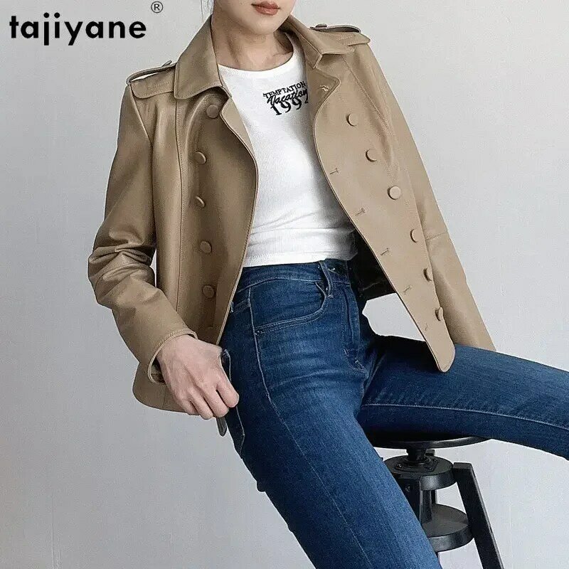 Tajeyane-Chaqueta de cuero auténtico para mujer, abrigo corto de piel de oveja auténtica con cuello cuadrado y doble botonadura, ropa de calle ajustada