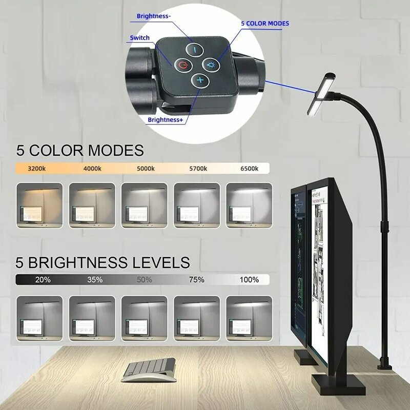 Cabeça dupla LED Clip Controle Remoto Desk Lamp Arquiteto Abajur para Home Office Iluminação 5 Modos de Cor e 5 Regulável