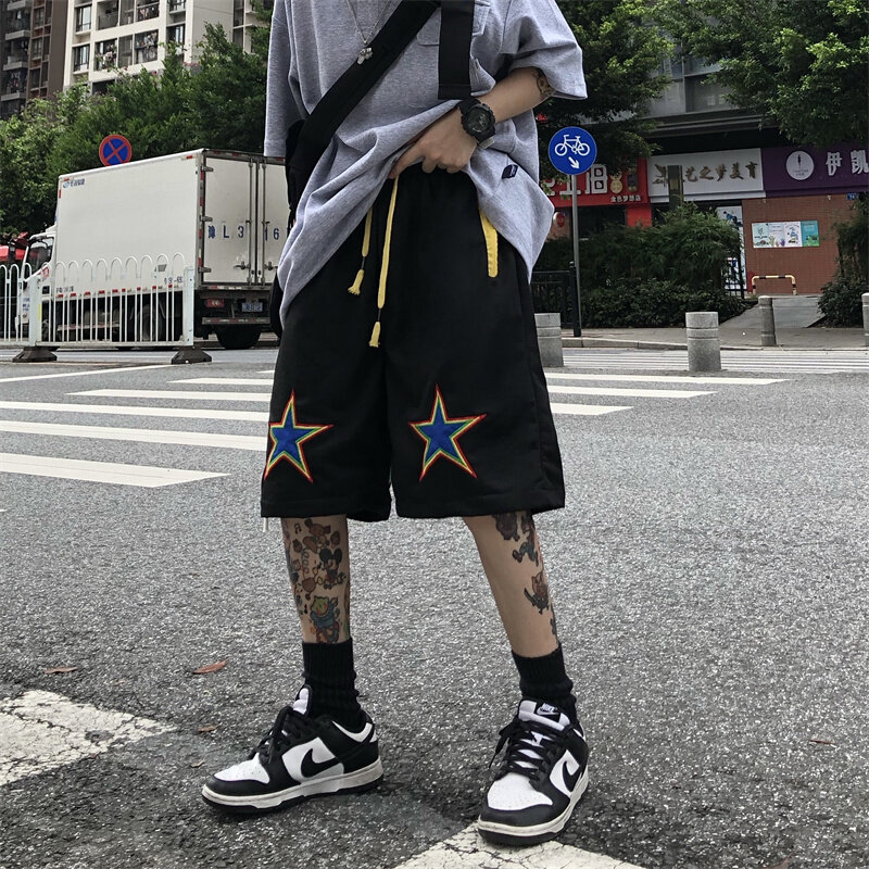 American High Street Hiphop Casual Shorts Men's Summer Couples High Waist Loose Star  Embroidered Sweatpants Women