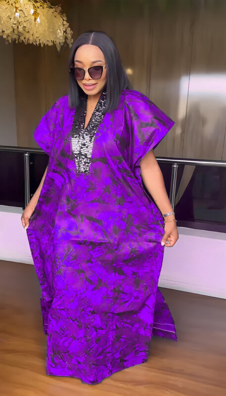 2023 Polyester African Dresses for Women Summer African Short Sleeve V-neck Sequined Plus Size Long Robes African Clothes Women