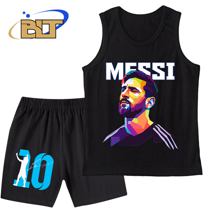 Messi-Ensemble 2 pièces imprimé pour enfants, gilet et pantalon de sport, adapté aux garçons, été