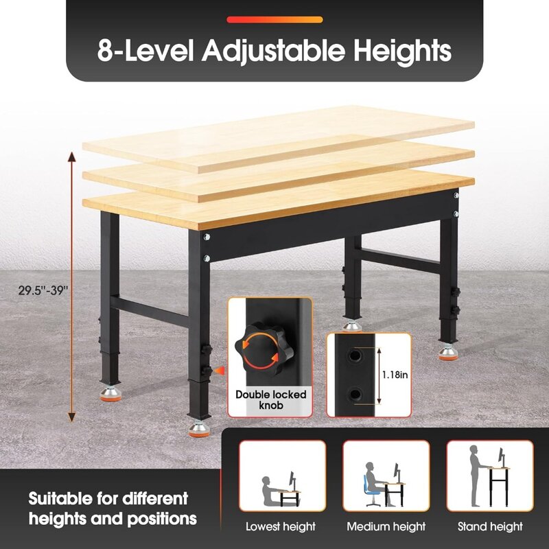 48" Adjustable Workbench,Heavy Duty Workstation with Rubber Wood Top, 2000 LBS Load Capacity Hardwood Garage