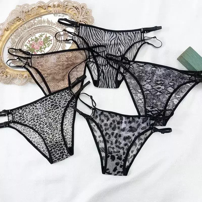Celana dalam wanita tali Bikini jaring macan tutul seksi pakaian dalam wanita transparan tembus pandang celana dalam Brasil Lingerie gadis nakal