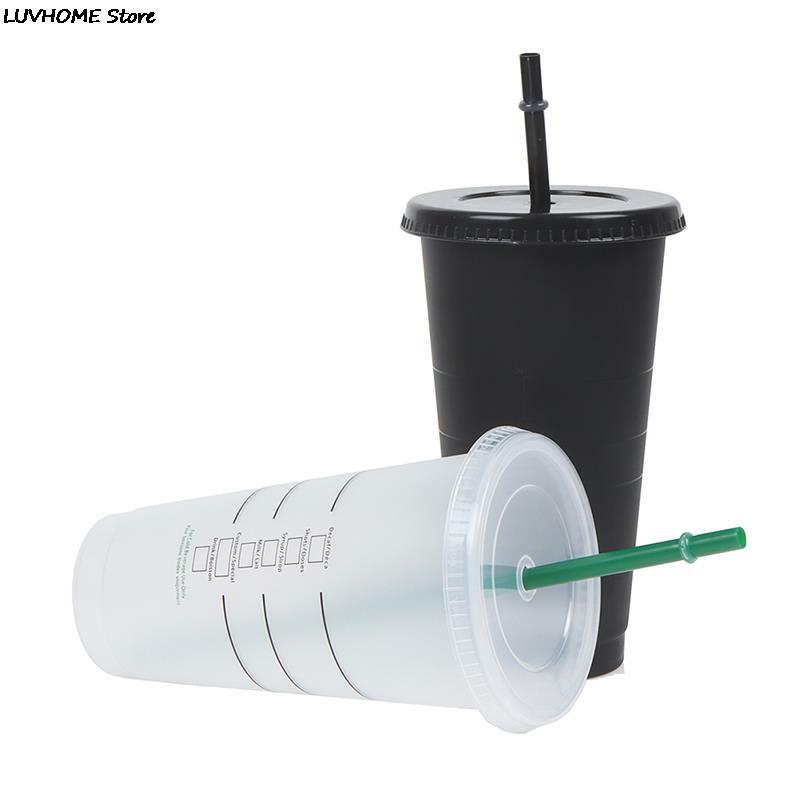 แก้วพร้อมหลอดสำหรับใส่เครื่องดื่มแก้วมีฝาปิดพลาสติกแก้วกาแฟผิวด้านถ้วยพลาสติก PP เกรดอาหารพร้อมหลอด