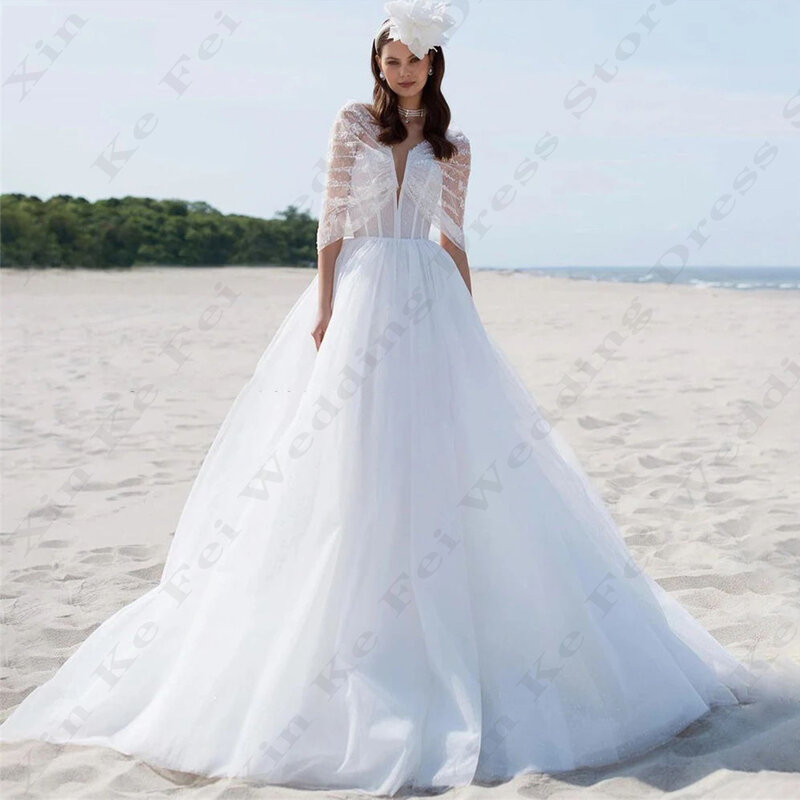 Exquisitos vestidos de novia de estilo princesa, escote en V profundo, mangas largas, esponjoso, línea A, hecho a medida