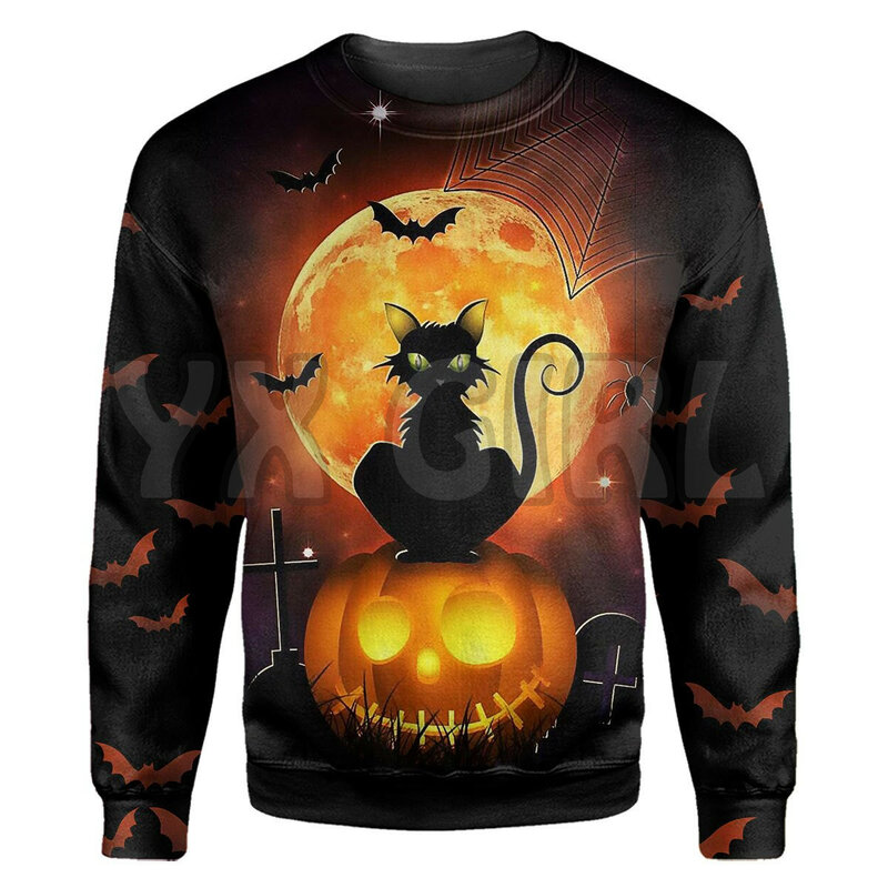 Sweat-shirt noir imprimé en 3d pour homme et femme, pull unisexe, chat, soleil et lune, Halloween