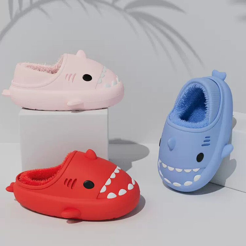 Shevalues New Plush Shark Slippers For Women Men Winter Warm Cartoon Furry Cotton Shoes Non-Slip Waterproof Home Outdoor Slides