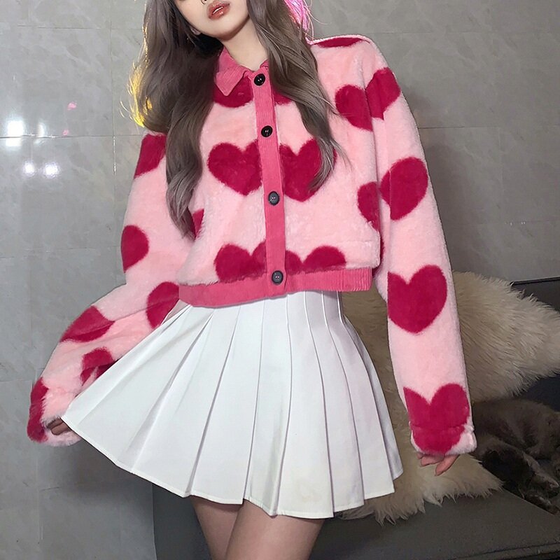 Chaqueta de lana con forma de corazón para mujer, abrigo corto con capucha, sudaderas y2k, color rosa, cálido, otoño e invierno, novedad