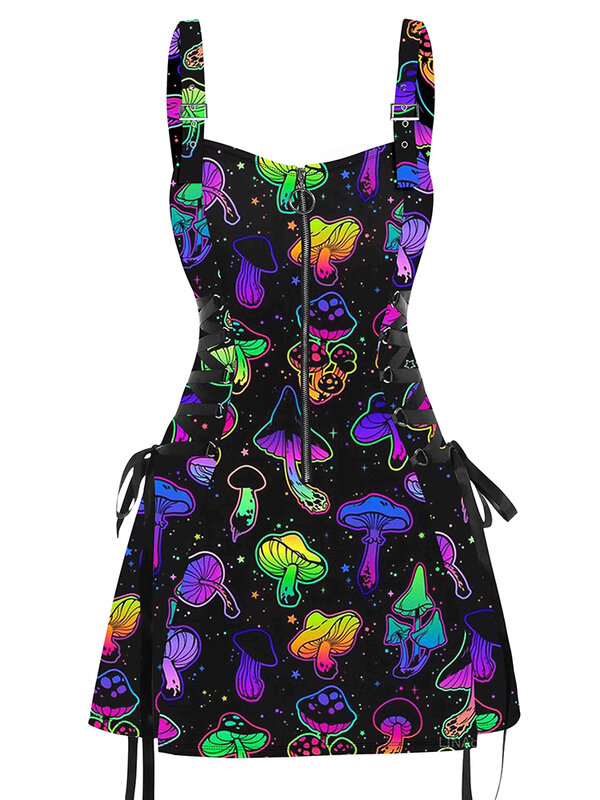 Women Sleeveless Dresses Galaxy Colorful Mushroom Print Lace Up Mini Dress Half Zipper Adjustable Buckle Strap Dress