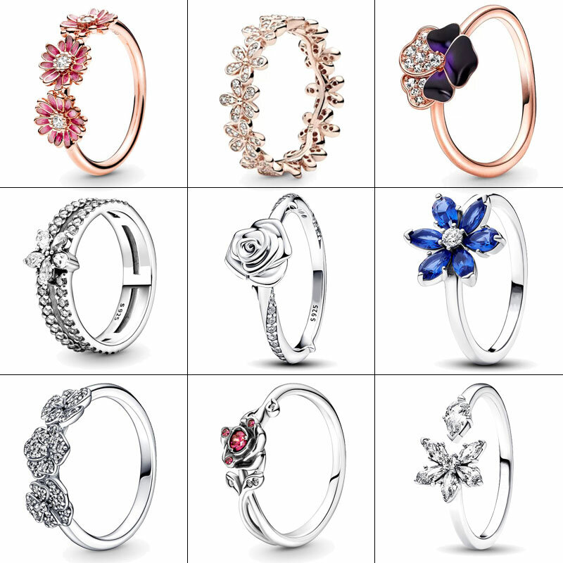 2024 baru 925 cincin perak mawar pada cincin mekar merah muda bunga aster cincin Pandora cincin wanita hadiah perhiasan halus DIY