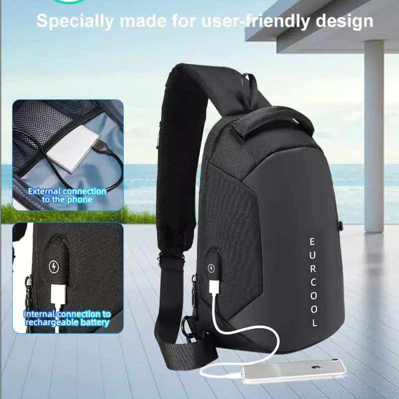 男性用多機能防水バッグ,カジュアルなソフトショルダーストラップ,USB充電器