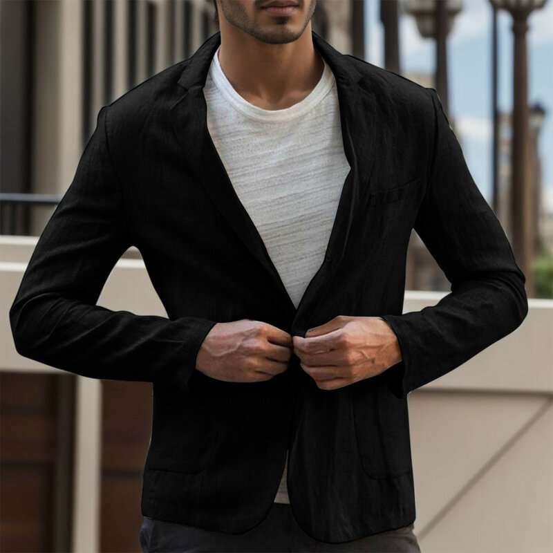 Chaqueta de traje de lino de imitación de Color sólido para hombre, chaqueta de manga larga con solapa, un botón, abrigos ajustados con bolsillo