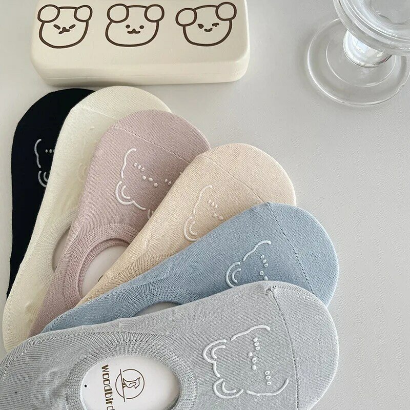 5 Pairs New Kawai Women Socks Summer Cute Japanese Fashion Cartoon Bear Funny Socks Soft Cotton Short Non-slip Invisible Socks