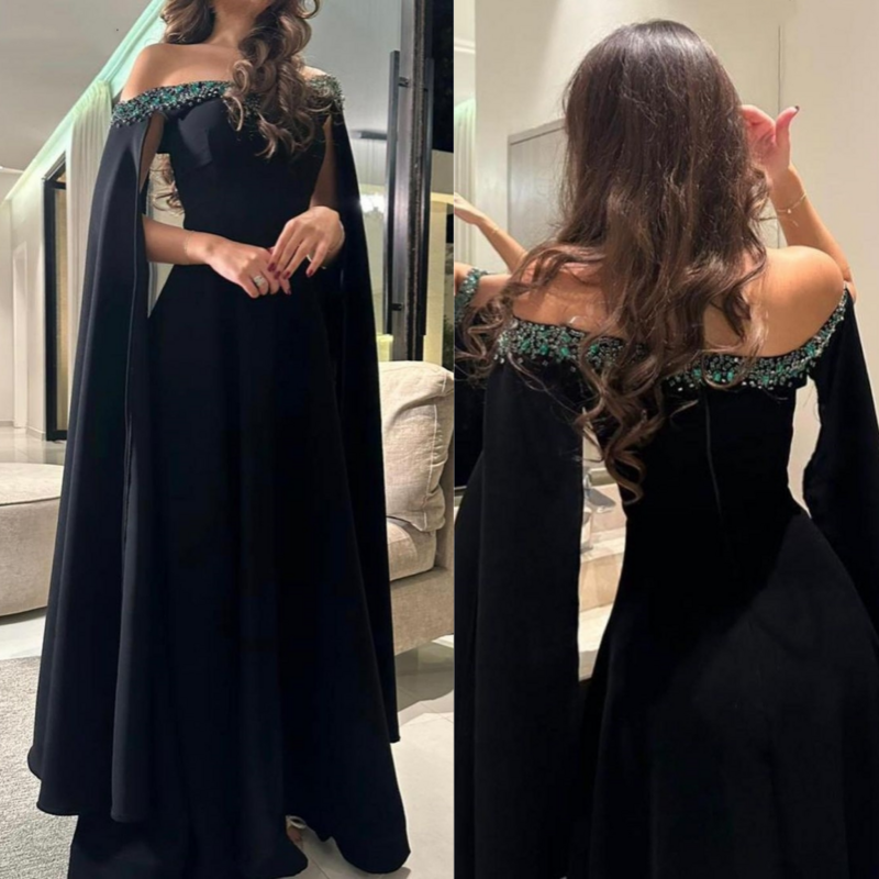 Gaun malam pesta koktail berlipat manik-manik Jersey Off-the-shoulder Bespoke gaun acara gaun panjang Arab Saudi