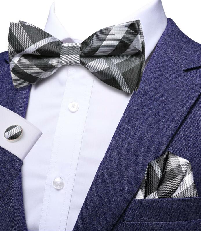 Hi-tie-男性用の灰色の市松模様の蝶ネクタイ、ハンカチ、カフスリンク、事前に結ばれたシルク、男性、ビジネスパーティー用の蝶ネクタイ、卸売
