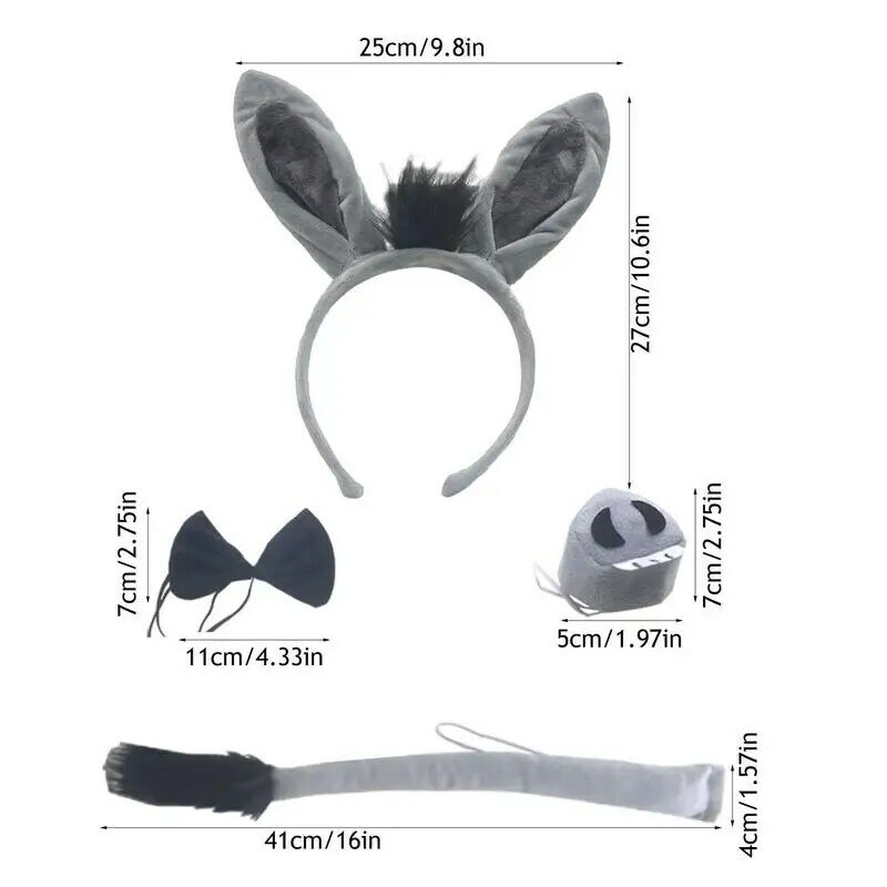 Conjunto de accesorios de disfraz de burro gris, diadema de disfraces de Halloween, pajarita, falda de tutú de cola, guantes, accesorios de nariz