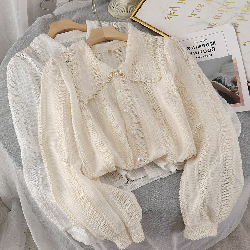 Fashion Hollow Out Peter Pan Collar Blouses Women Spring Elegant Single-breasted Pearl Button Decoration Tops Korean Thin Shirt