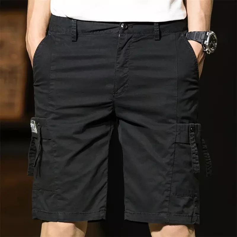 Calção estilo militar de cor sólida masculina, shorts casual com zíper, bolsos múltiplos, moda verão, nova tendência