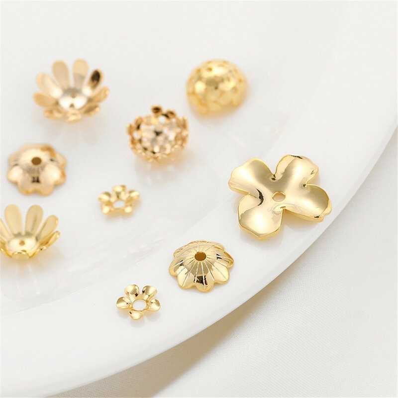 Soporte de flores grande envuelto en oro de 14K con cinco pétalos de flores, soporte de perlas semicircular, pulsera hecha a mano DIY, accesorio de partición