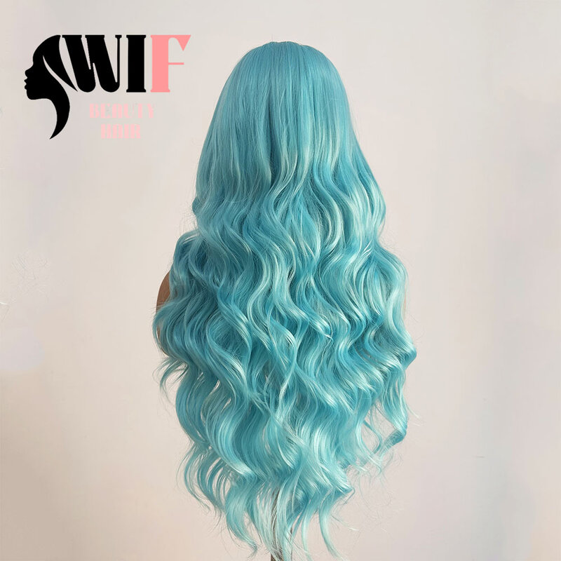 Wif-peruca ondulada de cor azul para mulheres, corpo ondulado, festa cosplay, cabelo azul, linha fina natural, fibra térmica, perucas sintéticas