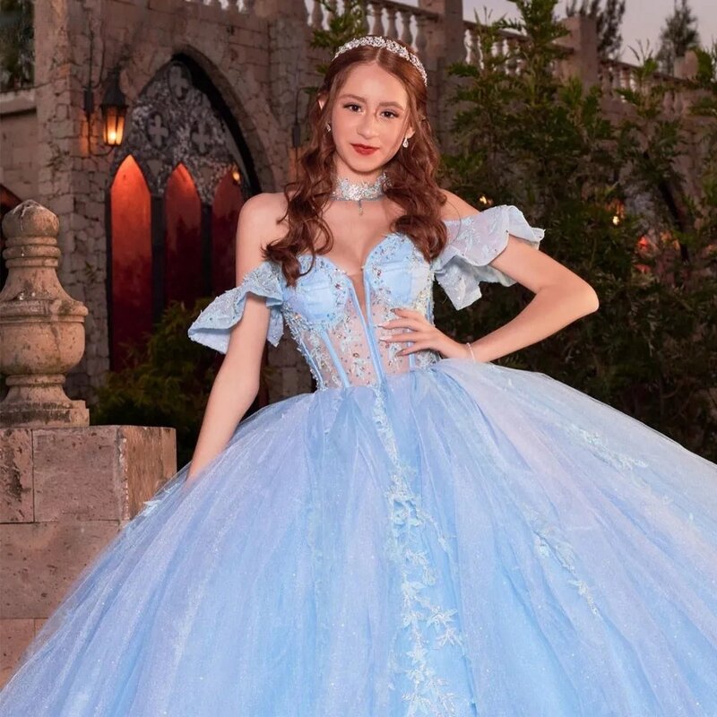 Sky Blue Princess Quinceanera abiti Ball Gown Off The Shoulder Tulle Appliques Sweet 16 abiti 15 aecos Mexican