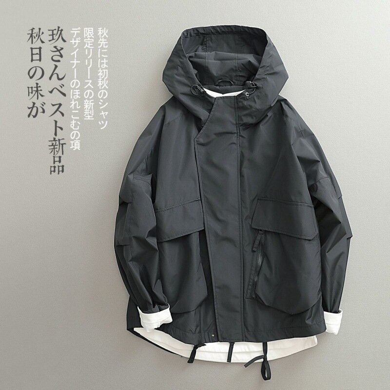 Jaqueta japonesa Windbreak masculina, moda vintage, capuz tridimensional, casaco solto masculino, jaqueta bomber, roupas de homem, primavera, outono