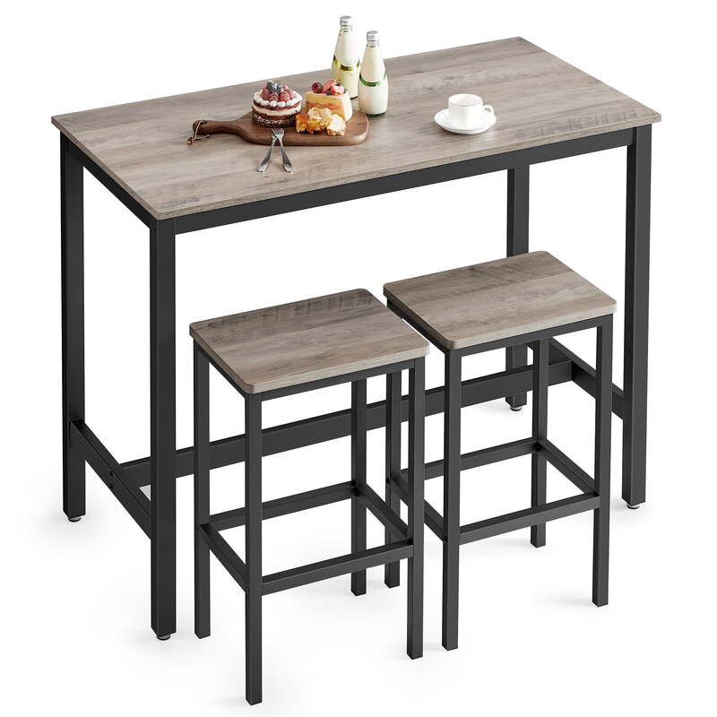 ชุดโต๊ะบาร์อุตสาหกรรมชุดโต๊ะทานอาหารครัวโต๊ะทานอาหารพร้อมเก้าอี้2ตัวสีเทาและสีดำ