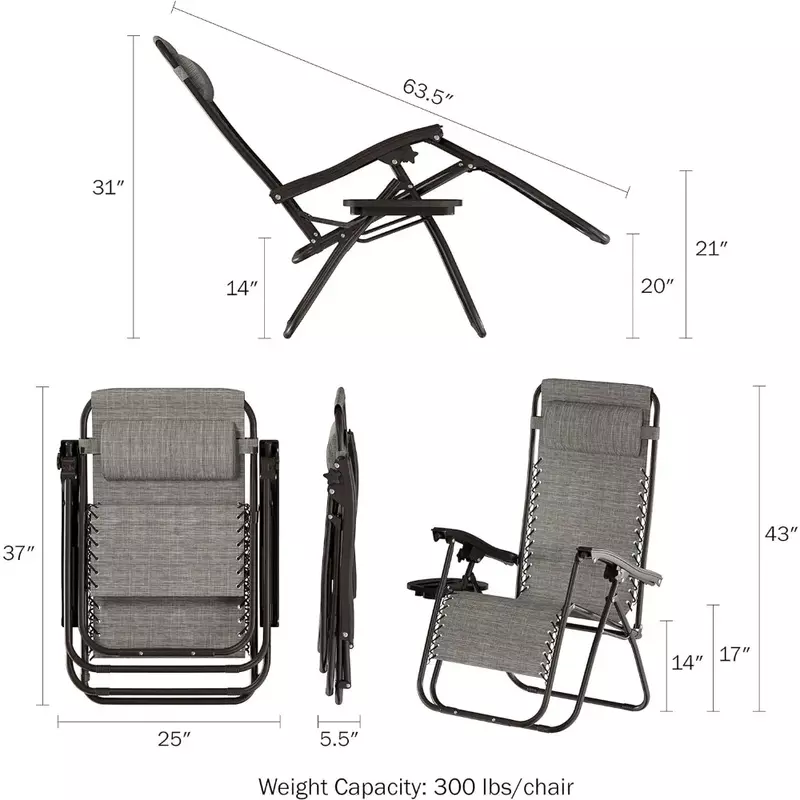 Sedia pieghevole grigio Zero Chairs-Set di 2 poltrone reclinabili pieghevoli antigravità-portabicchieri da tavolo laterale e cuscino-per sdraio da esterno