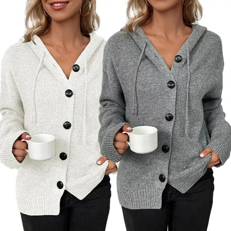 Cárdigan de punto de manga larga para mujer, chaqueta de un solo pecho, suelta, cálida, con capucha y cordón, suéter de otoño